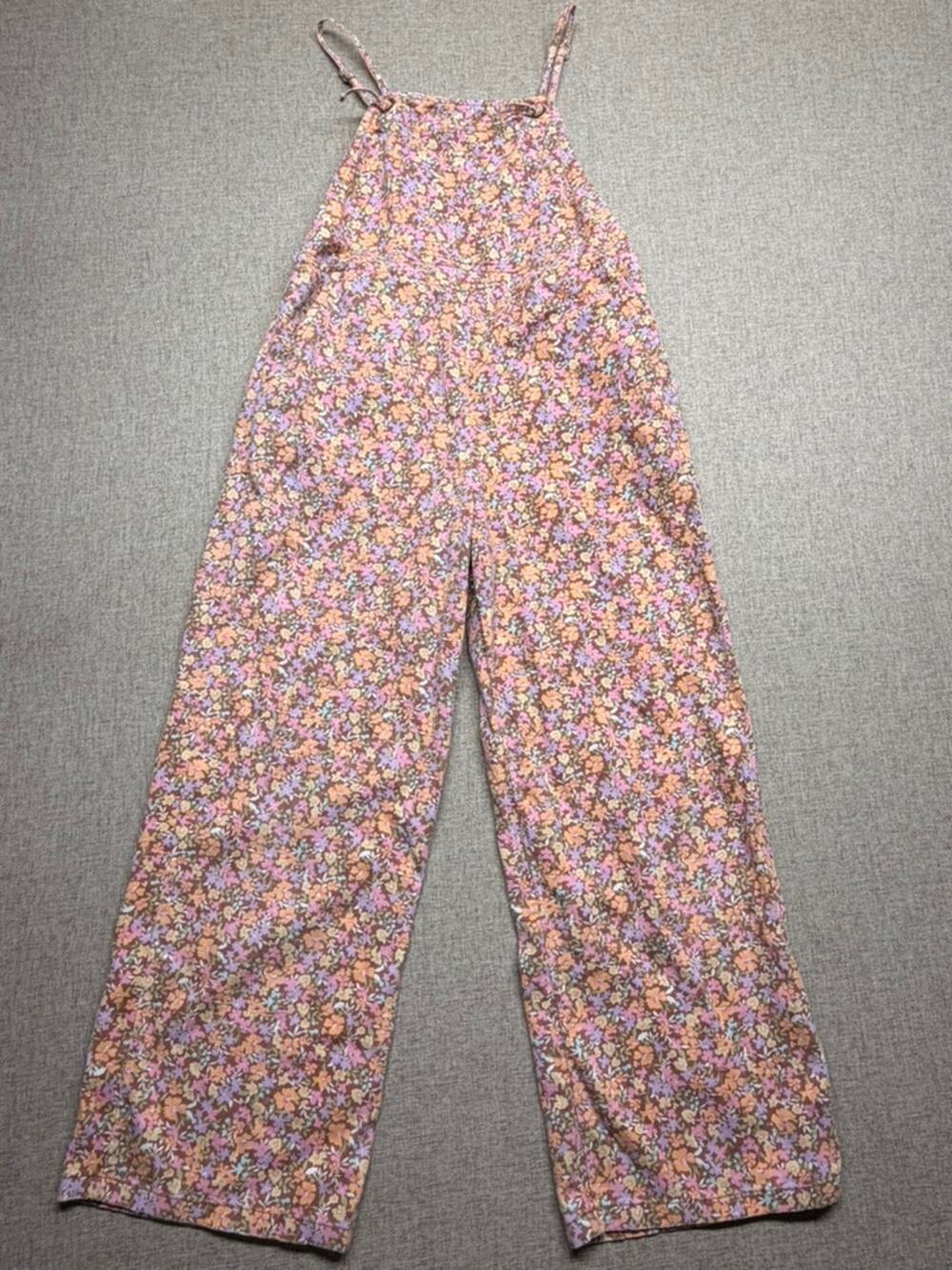 Billabong Girls Medium Floral Wide Leg Overalls Jumpsuit Brown Pink Purple Boho